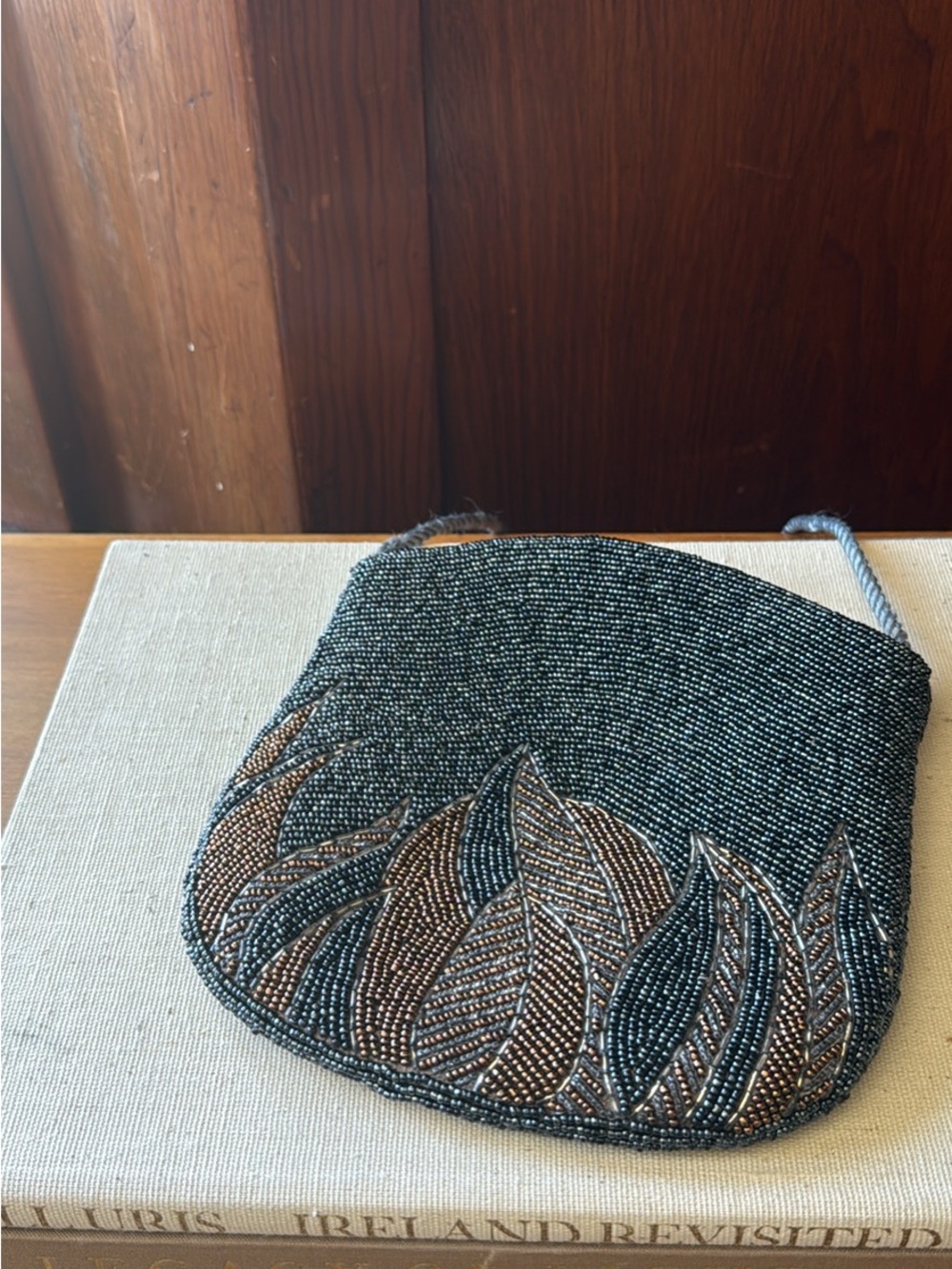 Vintage Beaded Black and Brown Leaf Pattern Women's Crossbody Bag Purse 1920s